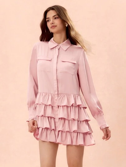 Enchnt 女士前扣长袖褶饰简约短款休闲连衣裙