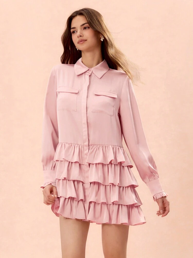 New Autumn Winter Products,Women Front  Long Sleeve  Multi-Layered Lotus Leaves Simple Short Casual Dress,Fall Winter  Women's Clothing,Winter Dress,Elegant Women Dresses