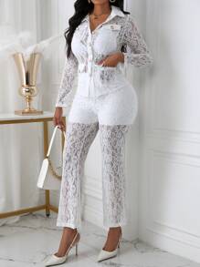 Chiquease Women's Spring/Summer Lace Shirt And Lace Pants Two-Piece Set - White - View 3