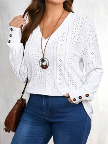SHEIN CURVE+ Áo phông trắng thường ngày cỡ lớn thêu rỗng, mùa thu - trắng - Xem 3