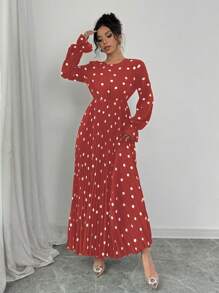 Chiquease 1pc Women's Polka Dot Print Round Neck Long Sleeve Long Elegant Dress - Red - View 6