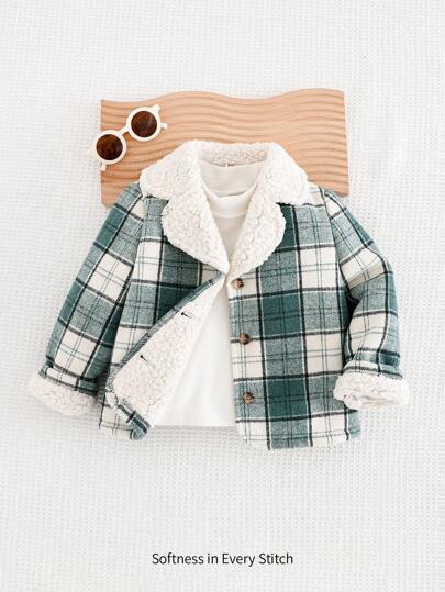 Cozy Pixies Young Girl Plaid Pattern Thermal Lined Lapel Long Sleeve Cardigan
