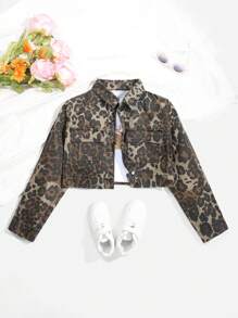 Tween Girl Y2K Fashion Leopard Print Oversized Denim Jacket, Streetwear Style - Grey - View 1