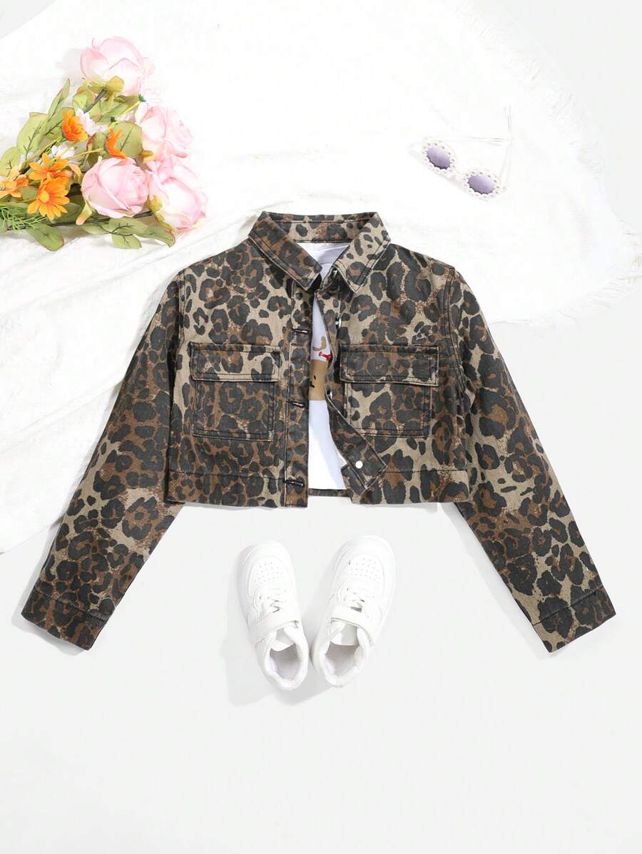 Tween Girl Y2K Fashion Leopard Print Oversized Denim Jacket, Streetwear Style - Grey - View 1