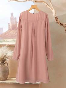 SHEIN LUNE 女士花卉刺绣 V 领长袖短裙 - 藕粉色 - 查看 2