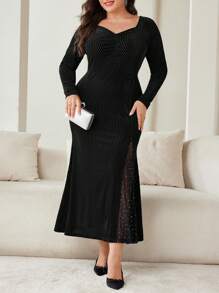 Modelyn Plus Size Elegant Solid Color Sweetheart Collar Sequins Mesh Contrast Mermaid Dress For Autumn Long Evening Dresses - Black - View 3