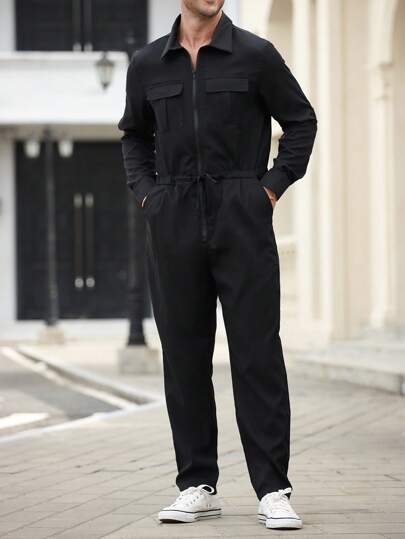 Manfinity Homme 1 件男士纯色前拉链长袖口袋简约休闲连体裤，秋季