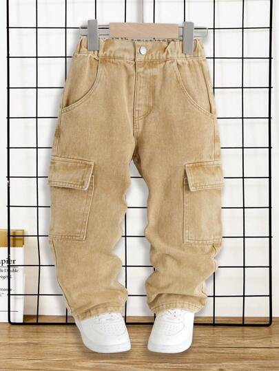 Young Boy Casual Contrast Stitching Loose Straight Leg Cargo Jeans, School, Campus, College Summer Holiday