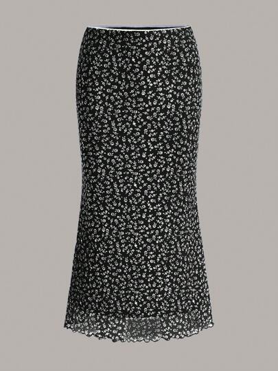 Soleia Ditsy Floral Print Mesh Overlay Fish Tail Wavy Edge Hem Skirt
