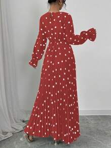 Chiquease 1pc Women's Polka Dot Print Round Neck Long Sleeve Long Elegant Dress - Red - View 2