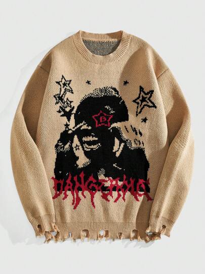 Street Life Men's Round Neck Distressed Graphic Star Knitted Sweater