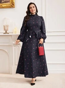 Modelyn Plus Size Bescheiden Standkraag Lange Mouw Bloemenprint Lange Arabische Jurk