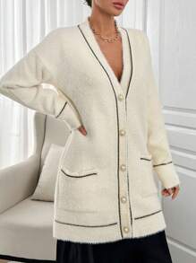 EURMUSE Special Pattern V Neck Cardigan With Button Detail And Hairy Yarn - Beige - View 3