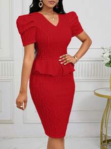 SHEIN Lady 白色 V 领短袖女式上衣和女式裙子纹理针织女式两件套服装 2024 秋季服装 - 紅色 - 查看 5