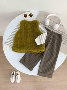 SHEIN Conjunto de 3 piezas de ropa para bebé niña con: Top de manga larga con cuello de tortuga a rayas, chaleco de peluche y pantalones largos acanalados gruesos, para otoño e invierno