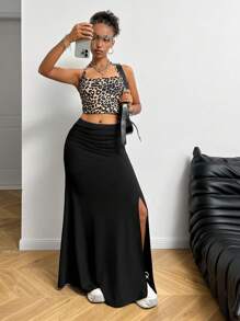 SHEIN EZwear Women's Fall/Winter Y2K Coachella  Music Festival Sexy Fashion Rib Knit Stretchy Pleated High Split Comfy Black Mid Rise Maxi Skirt For Halloween Party And New Year Eve