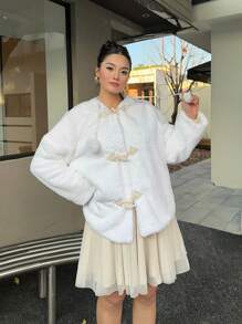 SHEIN MOOSTA Plus Size 1pc Adorable, Quirky, Elegant, Sweet Regular White Rabbit Ear Hoodie - White - View 6