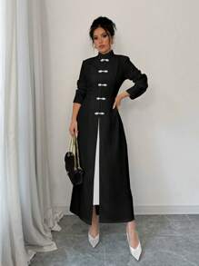 Chiquease Women French Button Long Coat - Black - View 1