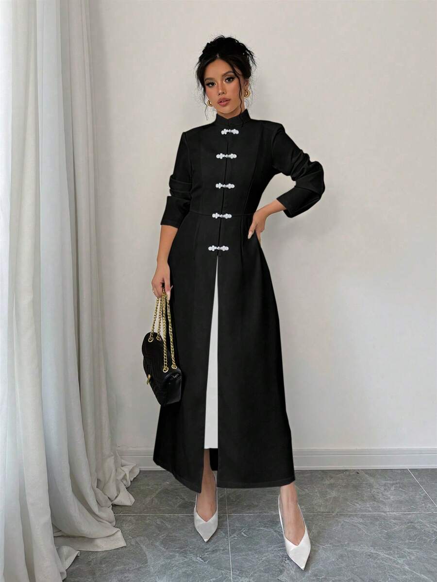 Chiquease Women French Button Long Coat - Black - View 1