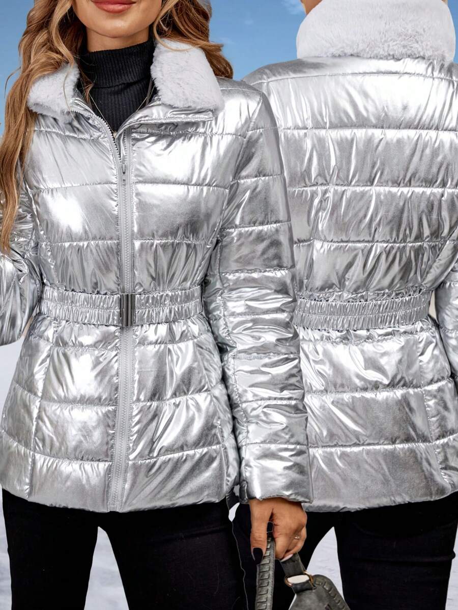 EMERY ROSE Parka de invierno para mujer con borde de metal - Plateado - Ver 1