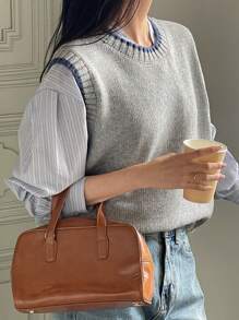 DAZY Damen lässige Strickveste mit Farbblockdesign, Herbst - Hellgrau - Übersicht 2