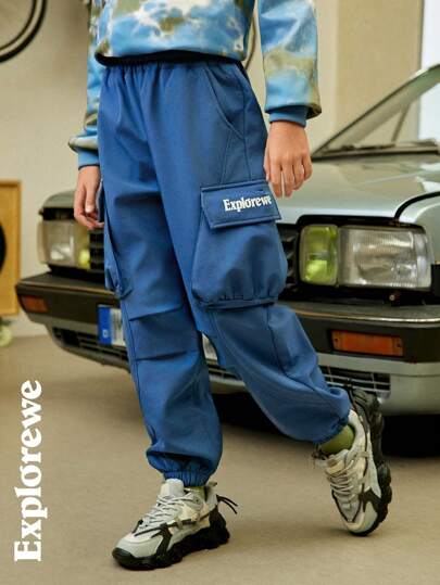 SHEIN Tween Boy Casual Letter Print Banded Leg Cargo Pants