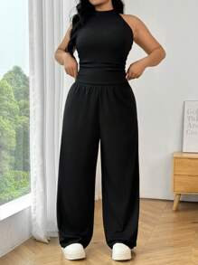 SHEIN EZwear 2 Piezas Conjunto de top halter y pantalones de talla grande para mujer, color negro