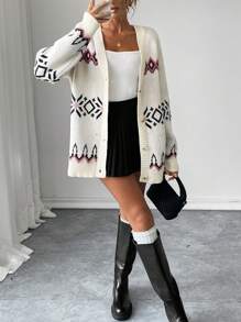 Chiquease Áo len dệt kim hở phía trước hình học rộng rãi cho nữ - Màu be - Xem 3