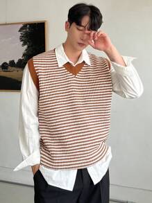 DAZY Autumn Men's Red Stripe Knit Vest - Red - View 5