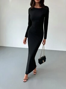 Aloruh 1 件女式露背纯色长袖休闲连衣裙，简约风格 - 黑色 - 查看 3