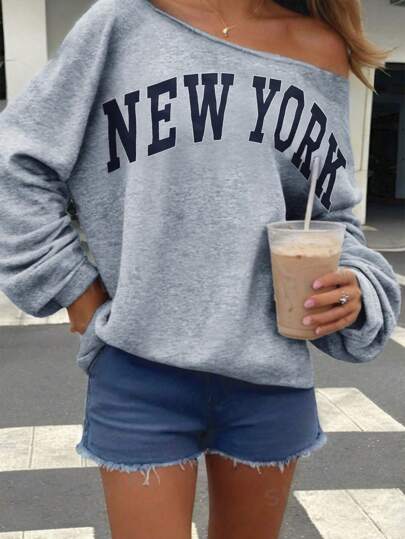 SHEIN Women's Simple Print Open Shoulder Long Sleeve Sweatshirt,Long Sleeve Tops Graduation,Back To School Outfits,Graduation,Teacher Outfits For Women,Back To School Pullover Fall Outfit