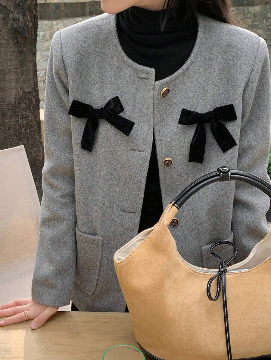 DAZY Áo khoác cardigan cổ tròn đính nơ cho nữ, Áo khoác nữ thu/đông, Quần áo nữ mùa thu Áo khoác nữ - Xám - Xem 1