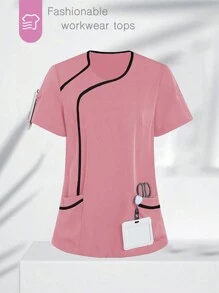 SHEIN TaskFit 女士拼色短袖上衣、手术服上衣、女士 V 领多口袋工作服外套上衣、女士健康检查手术服、宠物美容、牙科按摩师服装、工作室时尚女士工作服、营养师工作服、实验室工作服、女士上衣、多口袋功能性工作服、衣领上有纽扣方便穿脱的上衣、圣诞节、新年和情人节功能性女装、冬春女装 - 粉色 - 查看 1
