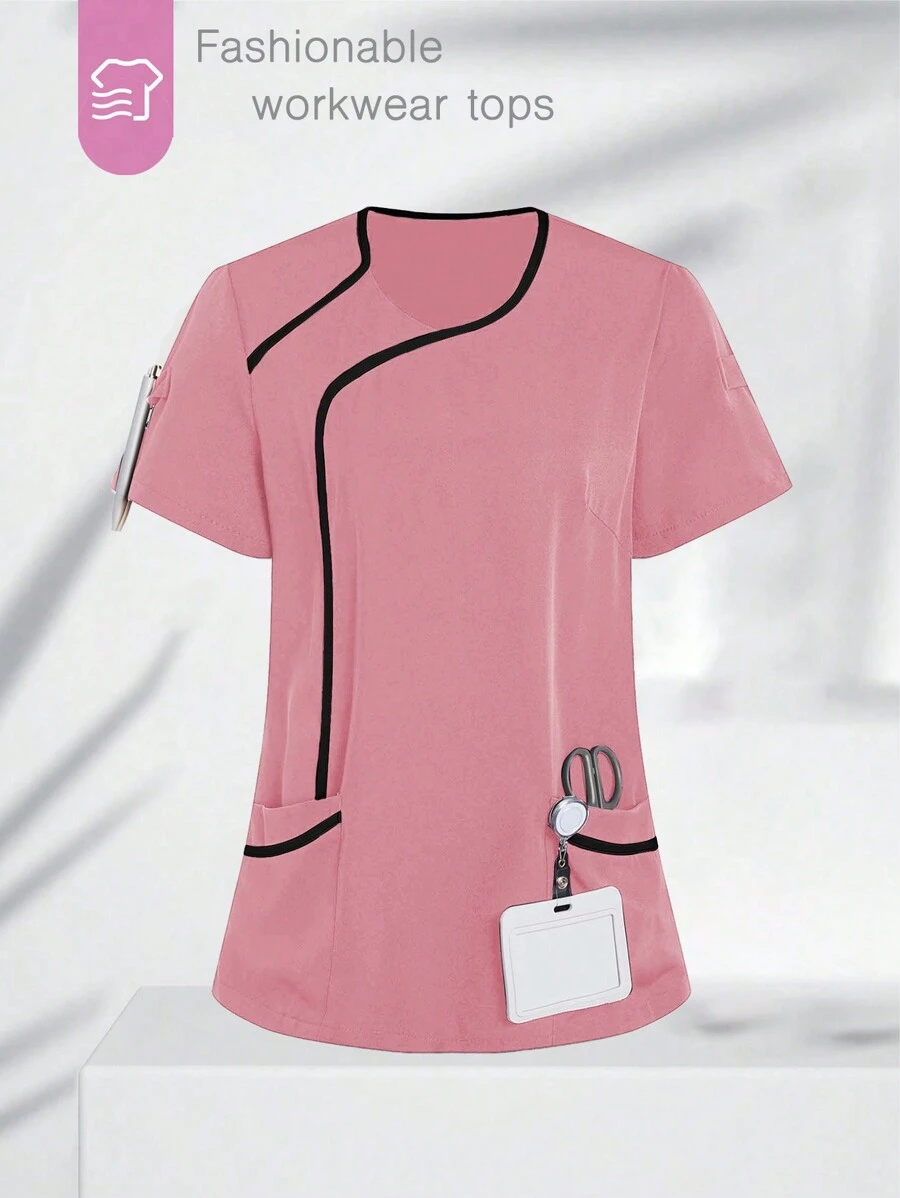 SHEIN TaskFit 女士拼色短袖上衣、手术服上衣、女士 V 领多口袋工作服外套上衣、女士健康检查手术服、宠物美容、牙科按摩师服装、工作室时尚女士工作服、营养师工作服、实验室工作服、女士上衣、多口袋功能性工作服、衣领上有纽扣方便穿脱的上衣、圣诞节、新年和情人节功能性女装、冬春女装 - 粉色 - 查看 1