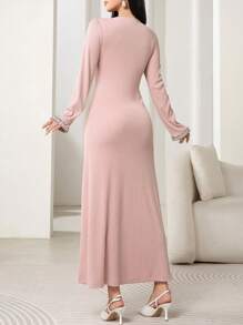 Modelyn Women's Ribbed Splice Ribbon Round Neck Long Sleeve Elegant Dress Maxi Women Outfit Long Evening Dresses - Pink - View 3