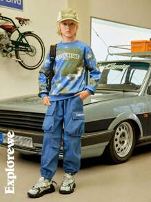 SHEIN Tween Boy Casual Letter Print Banded Leg Cargo Pants - Dusty Blue - View 10