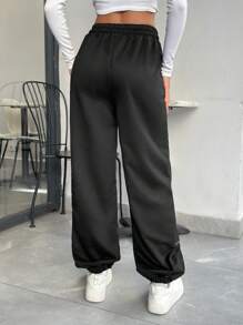 SHEIN PETITE Contrast Binding Detail High Waist Wide Streetwear Sweatpants - Black - View 2