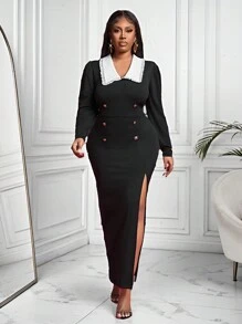 Slaydiva Elegant Classic Plus Size Elegant Lady Contrast Color Block Long Sleeve Bodycon Dress - Black - View 5