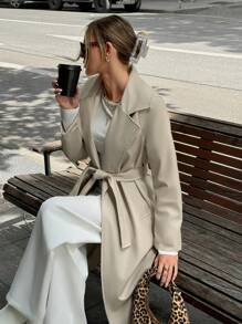 EURMUSE BEIGE LEATHER HIGH QUALITY MAXI TRENCHCOAT WITH BELT DETAIL - Beige - View 2