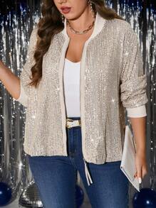 SHEIN Clasi Plus Size Front Zip Long Sleeve Sequin Decor Minimalist Jacket, Casual Daily Wear