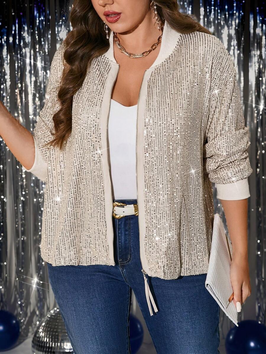 SHEIN Clasi Plus Size Front Zip Long Sleeve Sequin Decor Minimalist Jacket, Casual Daily Wear