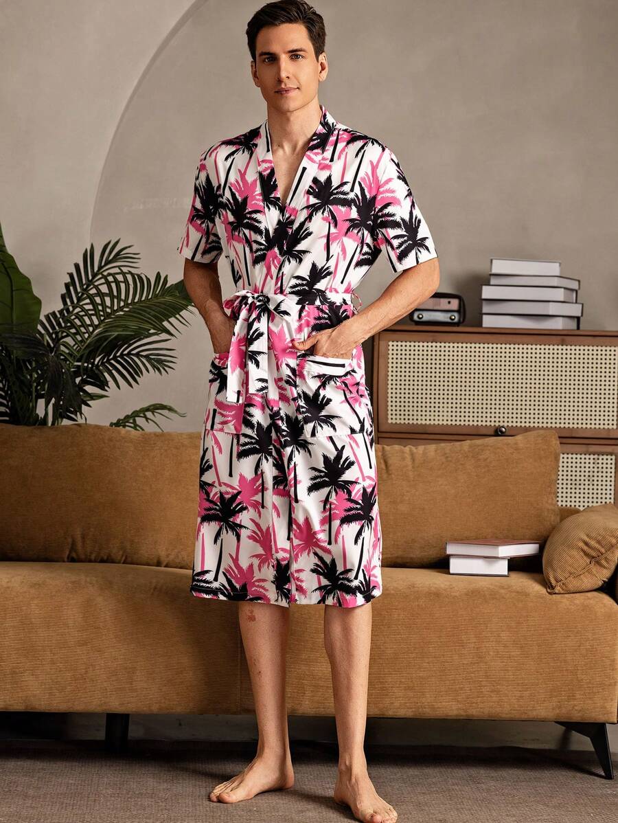 Men Plant Print Belted Pocket Short Sleeve Robe, Loungewear - Pink - View 1