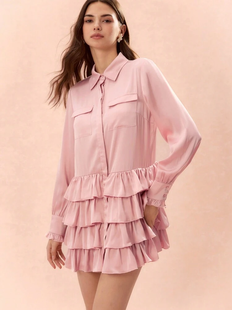 New Autumn Winter Products,Women Front  Long Sleeve  Multi-Layered Lotus Leaves Simple Short Casual Dress,Fall Winter  Women's Clothing,Winter Dress,Elegant Women Dresses