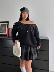 Franclia Plus Size Women's Plus Size Drop Shoulder Long Sleeve Loose Oblique Shoulder Studded Pearl Sweater, Autumn/Winter