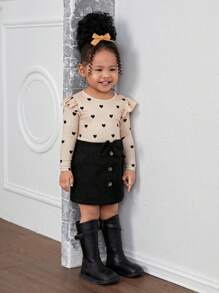 SHEIN Ensemble de 2 pièces en tricot : pull à manches longues avec cœur mignon pour bébé fille et jupe avec décoration de nœud, automne/hiver - Kaki - Voir 8