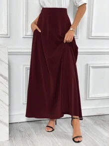 SHEIN Essnce 女士纯色高腰简约 A 字裙，休闲日常穿着 - 酒紅色 - 查看 4
