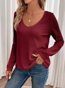 SHEIN Frenchy Lace Spliced Long Sleeve Waffle Fabric Black T-Shirt