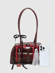 ROMWE Kawaii 女士复古可爱格子蝴蝶结肩带樱桃心形装饰单肩腋下包，带多口袋波士顿挎包 - 棕色 - 查看 4