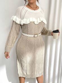 SHEIN Unity Plus Size Autumn/Winter Casual Color-Block Ruffle Hem Sweater Dress - Apricot - View 5