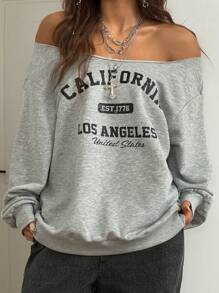 Coolane 冬季加字母图案不对称领口短款运动衫 - 淺灰色 - 查看 3